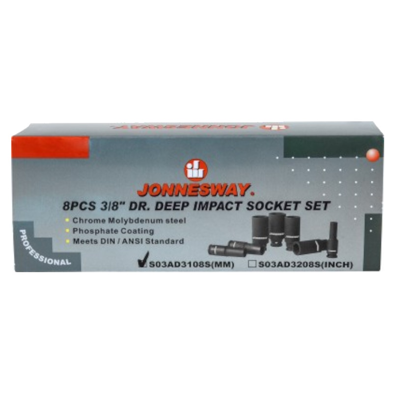 Набор головок торцевых Jonnesway S03AD3108S 048506, ударных, глубоких, 3/8"DR, 10-19 мм, 8 предметов в Рыбинске