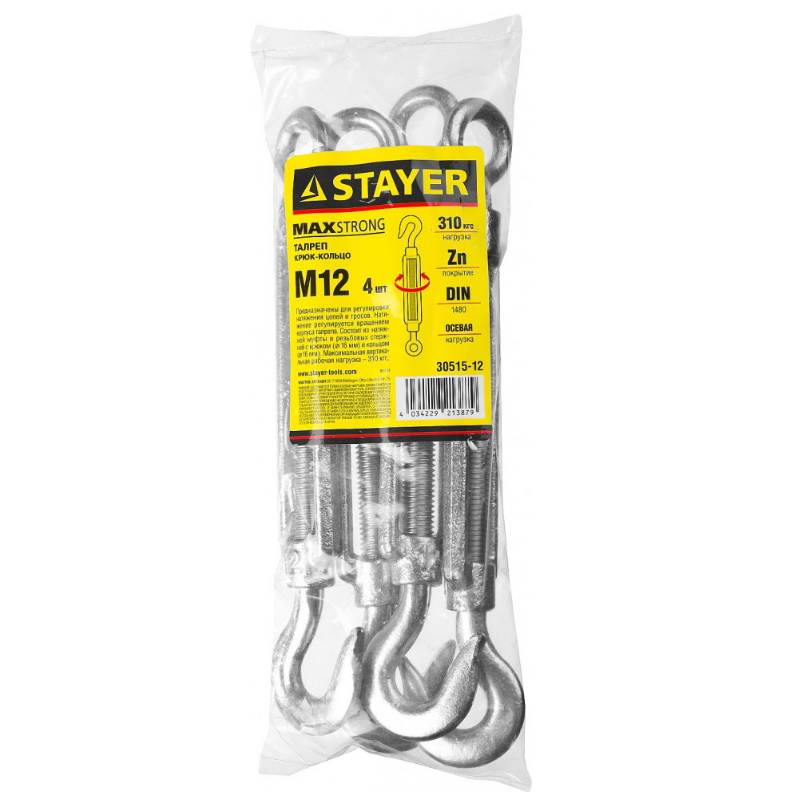 Талреп Stayer Master DIN 1480 30515-12, крюк-кольцо, оцинкованный, М12, 4 шт в Кинешме