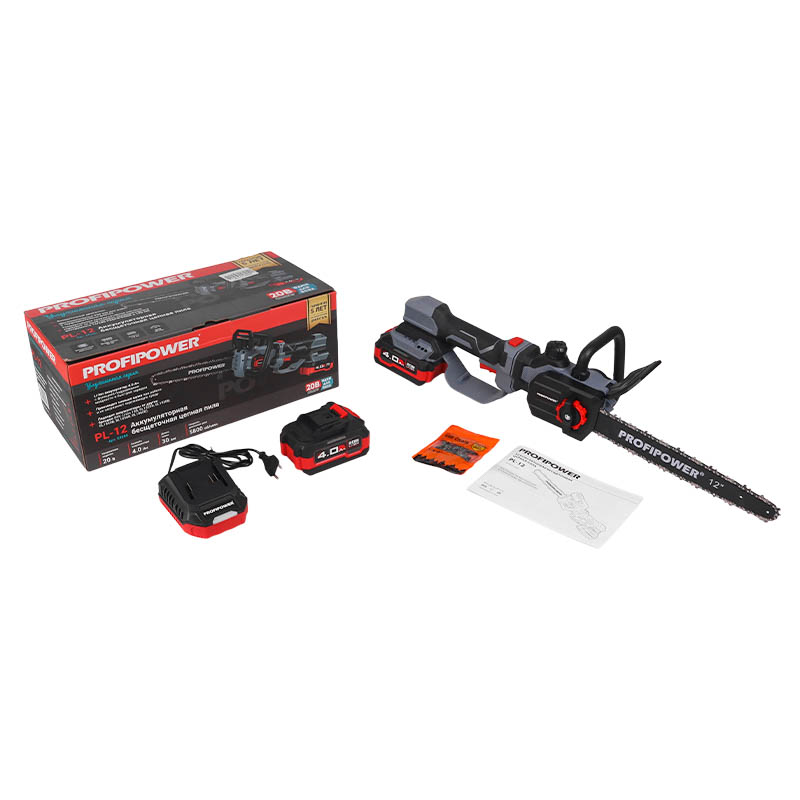 Аккумуляторная бесщеточная цепная пила ProfiPower PL-12 E0285, 20В, 12", с штангой телескопической , Li-ion-2 шт, 4.0Ач,З/У, в коробке в Коврове