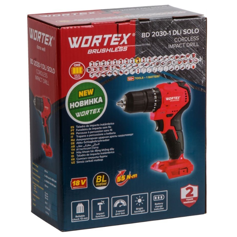 Аккумуляторная ударная дрель-шуруповерт Wortex BD 2030-1 DLi 1333423, в коробке ALL1 SOLO бесщеточная, 18 В, 55 Н*м в Костроме