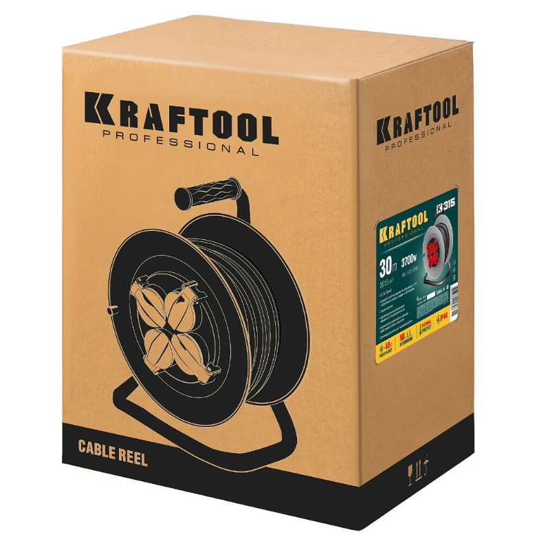 Силовой удлинитель на стальной катушке Kraftool K-315 55085-30, КГ, 3 x 1.5 мм2, 30 м, 3700 Вт, IP44  в Муроме