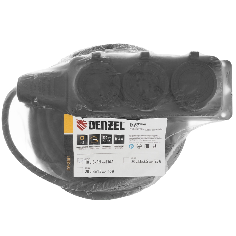 Удлинитель-шнур силовой Denzel Top Series 37421, КГТТ, 10м, 3 розетки, 3*1,5 мм в Коврове