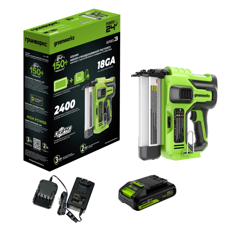 Нейлер аккумуляторный Greenworks GD24BN 3400707CUA, 24V, бесщеточный,100 уд/мин, гвозди 18GA, LED, 1х2Ач, ЗУ, коробка в Ярославле