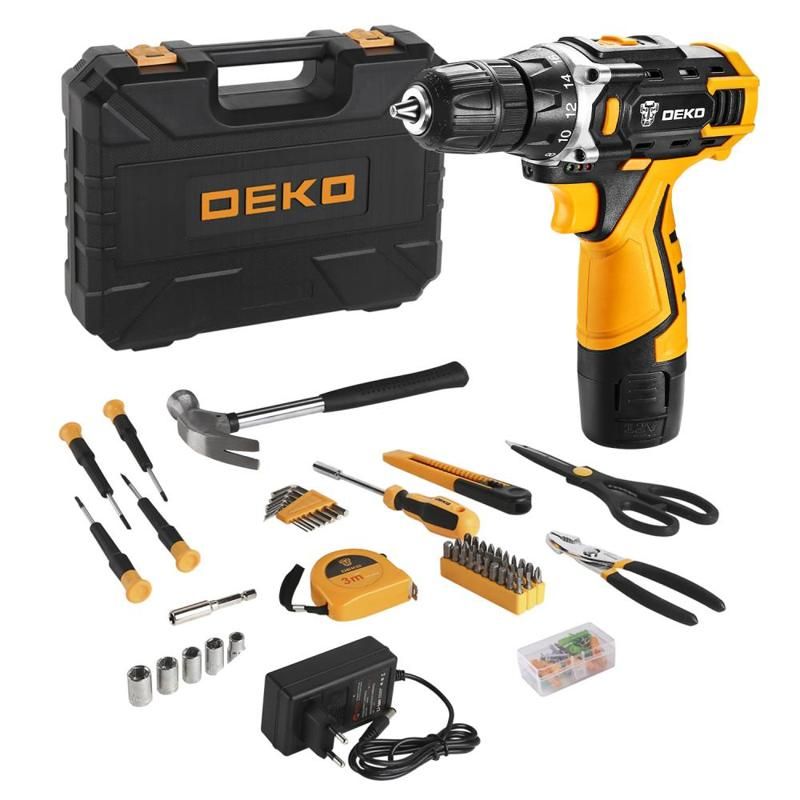 Аккумуляторная дрель-шуруповерт Deko DKCD12FU-Li 063-4104, c набор 104 инструмента для дома