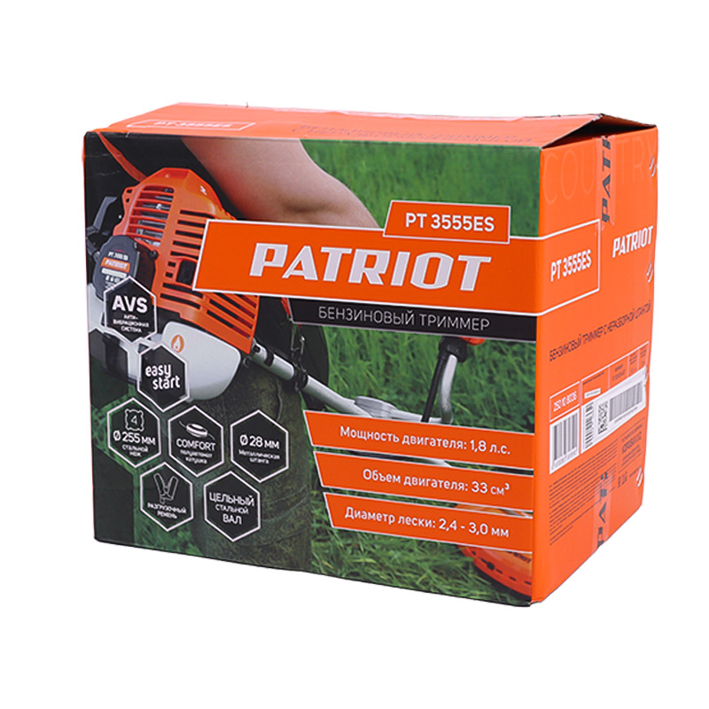 Двухтактный бензиновый триммер Patriot PT 3555ES Country (неразборный, бак 0.7 л, жесткий вал)
