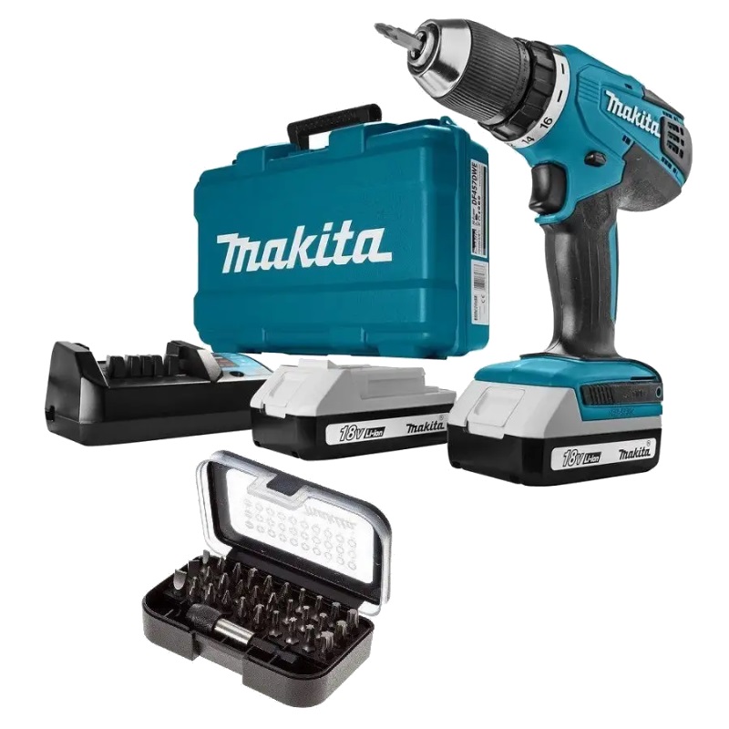 Аккумуляторная дрель-шуруповерт Makita DF457DWEX8 (набор бит из 31 предмета, 2 АКБ, ЗУ, кейс)