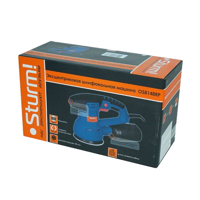 Эксцентриковая шлифмашина Sturm PROFI OS8148RP, 480Вт, d=125мм, рег.обор, 5000-13000об/мин, кабель 4м