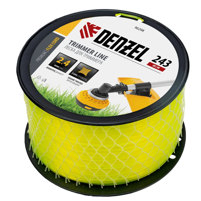 Леска для триммера витой квадрат Denzel FLEX CORD 96298, 2,4ммх243м, на DIN катушке