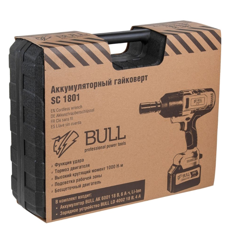 Аккумуляторный ударный гайковерт Bull SC 1801 0329177, в чемодане, бесщет., 18 В, 1000 Н*м, 3/4", 1х6 А*ч, з/у 4 А в Угличе