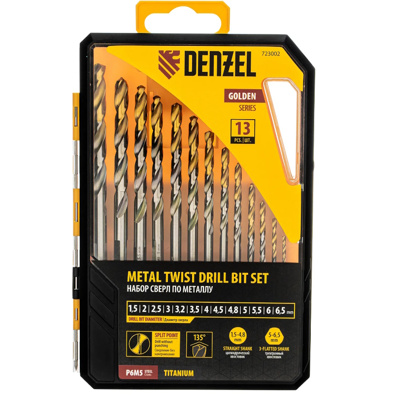 Набор сверл по металлу Denzel 723002, 1,5-6,5мм, Р6М5-TiN, Golden Tip, 13 шт. в Иваново