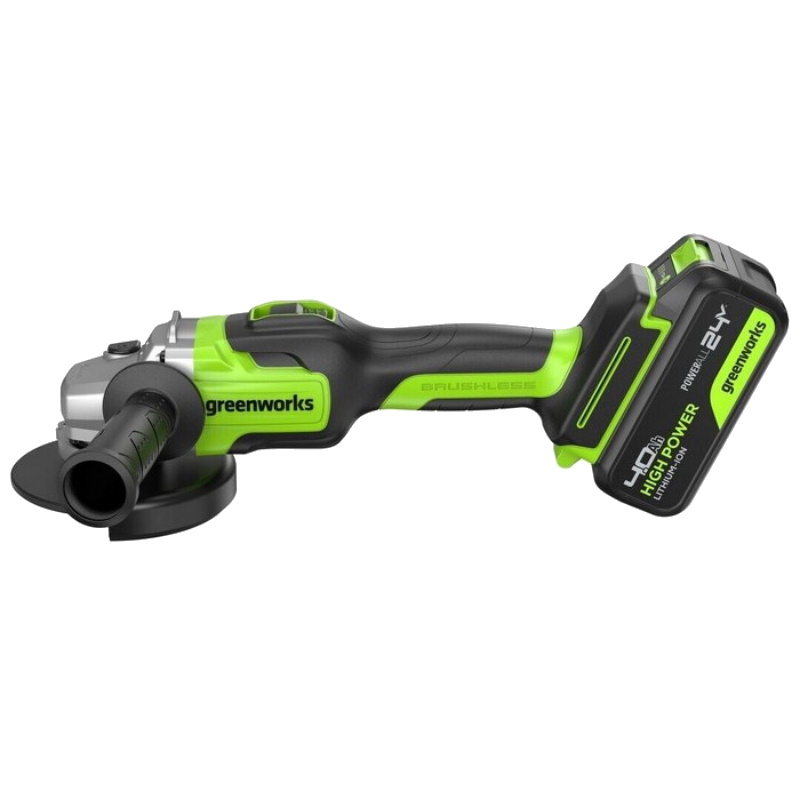 Угловая шлифовальная машина аккумуляторная Greenworks GD24AG 3200207CUB, 24V, б/щет, 125 мм, 10500 об/мин, 1x4Ач, ЗУ, коробка в Череповце