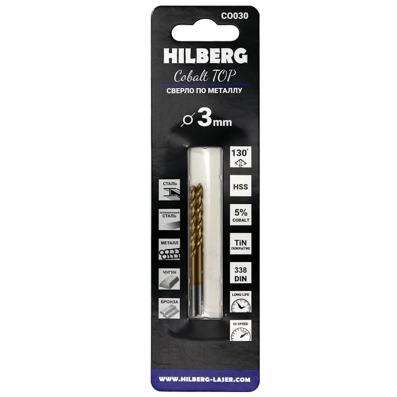 Сверло по металлу Hilberg CO030, 3.0*61(33)мм (2шт) Cobalt 5% TOP в Туле