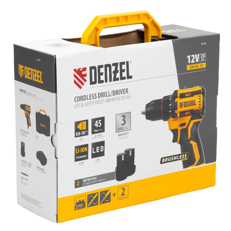 Дрель-шуруповерт Denzel CDH-BL-12 26108, аккумуляторная, бесщеточная,  Li-Ion, 12 В в Костроме