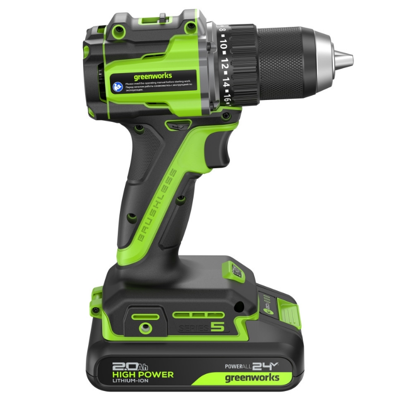 Дрель-шуруповерт аккумуляторная Greenworks DD560 3708407CUA, 24V, б/щет, 0-500 / 0-2000 об/мин, 30/60 Нм,13мм, Anti-kickback,1х2Ач,ЗУ,кор в Муроме