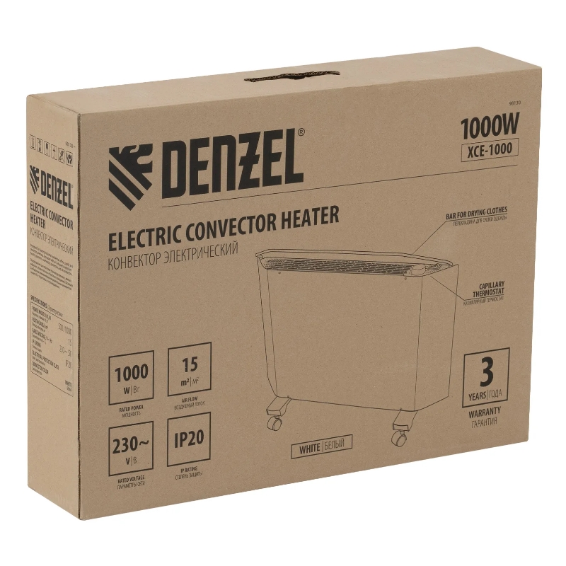 Конвектор электрический Denzel XCE-1000 98130,  230 В, 1000 Вт, белый, сушилка, колеса, Х-элемент в Вологде