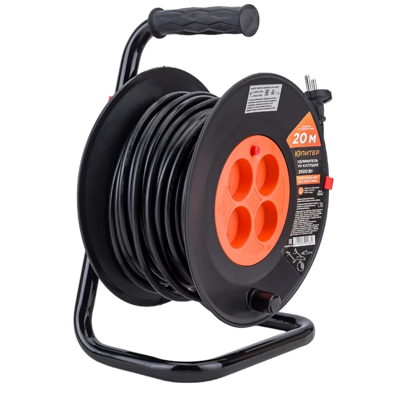 Удлинитель на катушке Юпитер JP8403-04, 20м (4 роз., 3,5кВт, б/з, ПВС 2х1,5) в Ярославле
