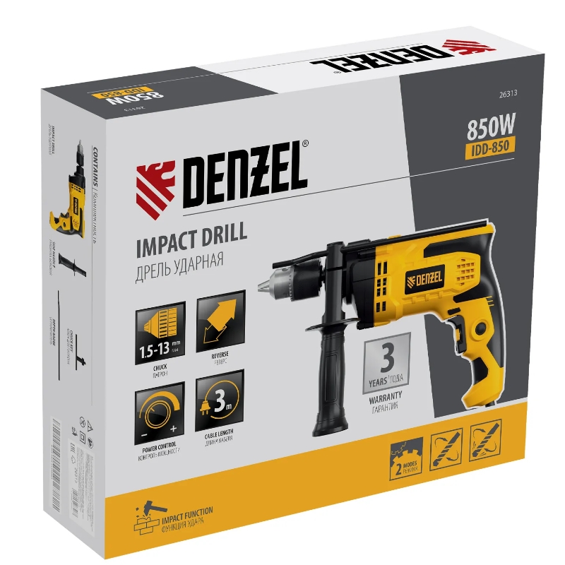 Дрель ударная Denzel IDD-850 26313, 850 Вт, 0-2800 об/мин, 44800 уд/мин в Кинешме