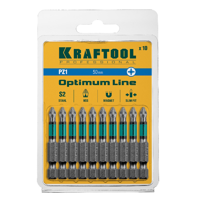 Биты Kraftool 26124-1-50-10 (PZ1, 50 мм, тип хвостовика E 1/4", 10 шт в блистере)  во Владимире