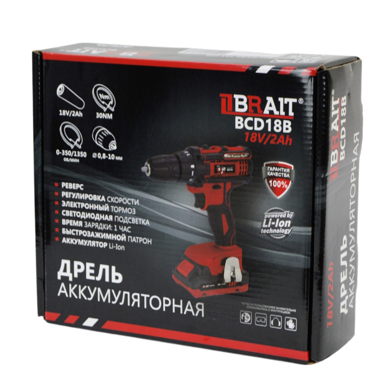 Дрель аккумуляторная Brait BCD18B 21.01.181.049, 18В, Li-on, 1 АКБ, 2,0Ач, 2 скорости, 30Нм, быстрозажимной патрон, реверс, в коробке в Угличе