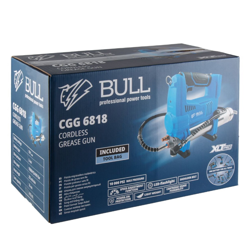 Аккумуляторный шприц для смазки Bull CGG 6818 XLTpro SET 1325894, в коробке, 18 В, 690 атм., 255 г/мин, 1х4 А*ч, з/у 4 А