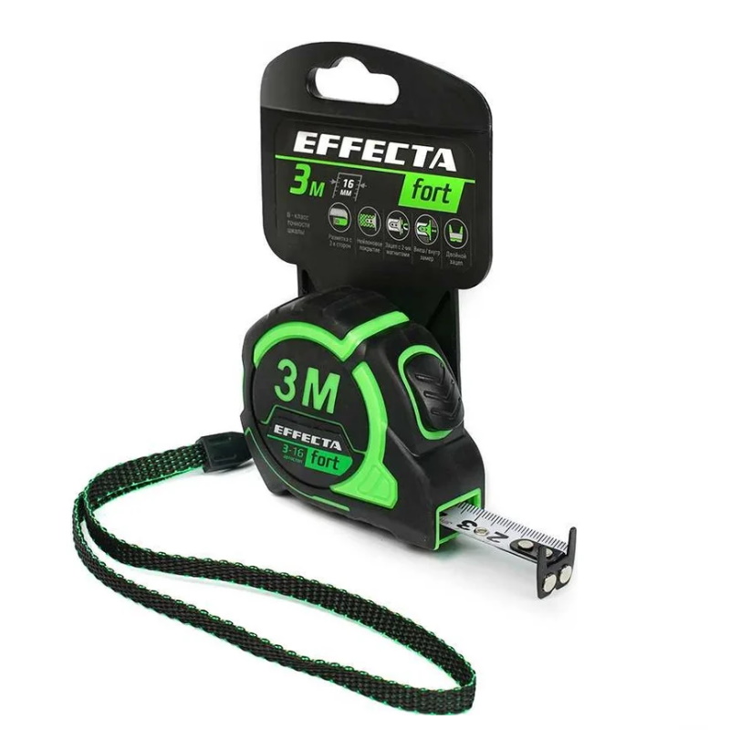 Рулетка Effecta fort 581316, 3 м/16 мм, магнит, ударопрочный корпус, автостоп, лента - 2-сторнняя шкала в Иваново