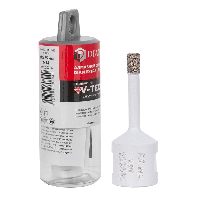 Сверло алмазное Diam EXTRA LINE V-TECH 6x35xМ14 320264 (вакуумное спекание) керамика, керамогранит, гранит, мрамор