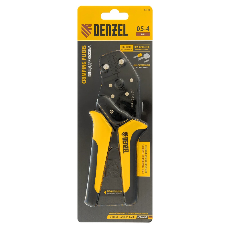 Клещи для обжима наконечников штыревых Denzel 17743, НШВ, НШВИ, НШВИ-2, 0,5-4 мм2 