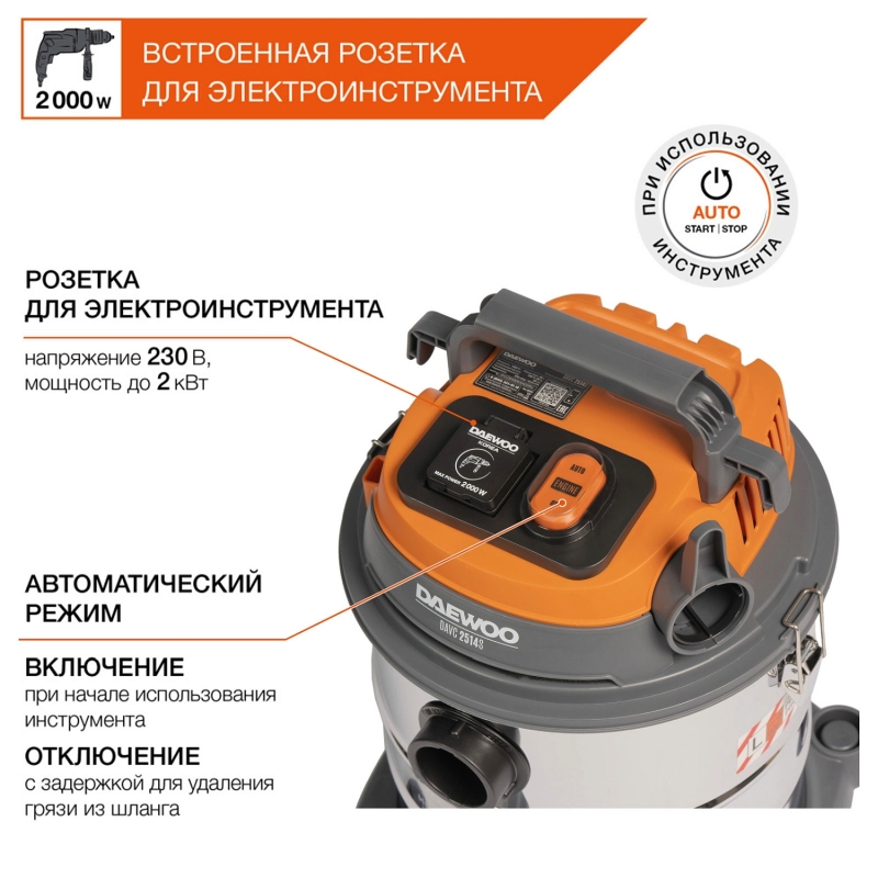 Пылесос промышленный Daewoo DAVC 2514S, нерж. бак, огнеупорные шланг и фильтр, выдув, 1400 Вт. в Муроме