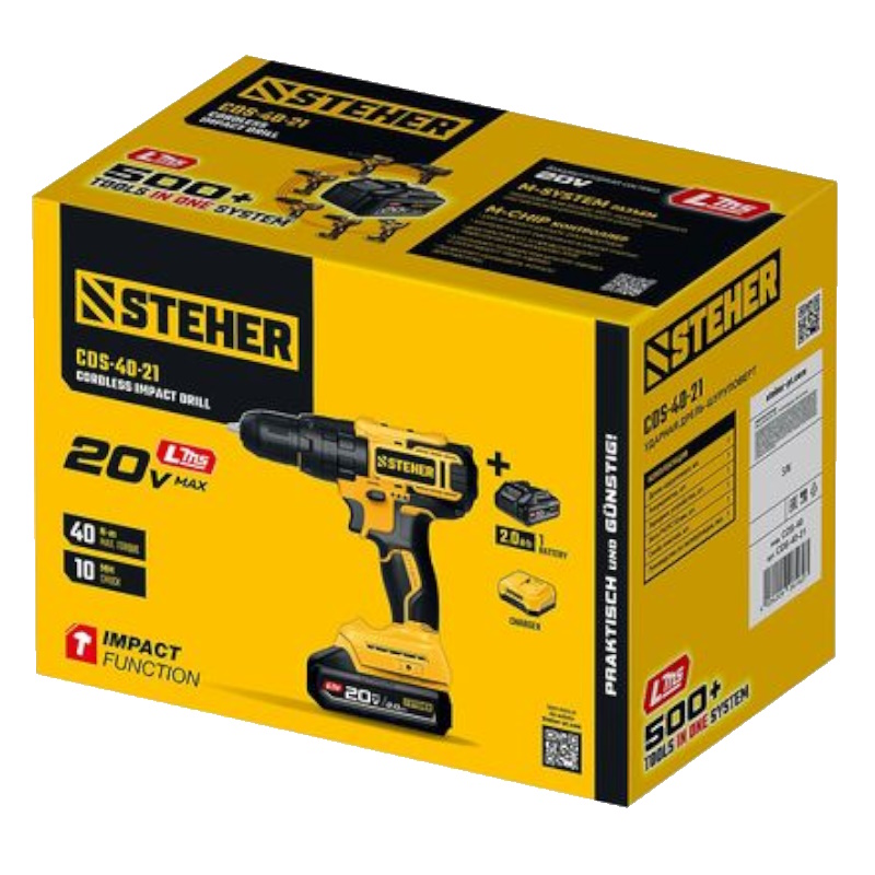 Дрель-шуруповерт ударная Steher CDS-40-21, 20 В, 40 Н·м, 1 АКБ LMS (2 А·ч)