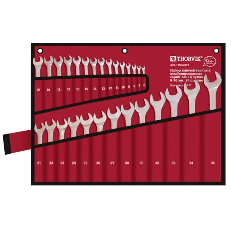 Набор ключей гаечных комбинированных серии ARC Thorvik W3S28TB 053716 в сумке 6-36 мм 28 предметов 9708₽