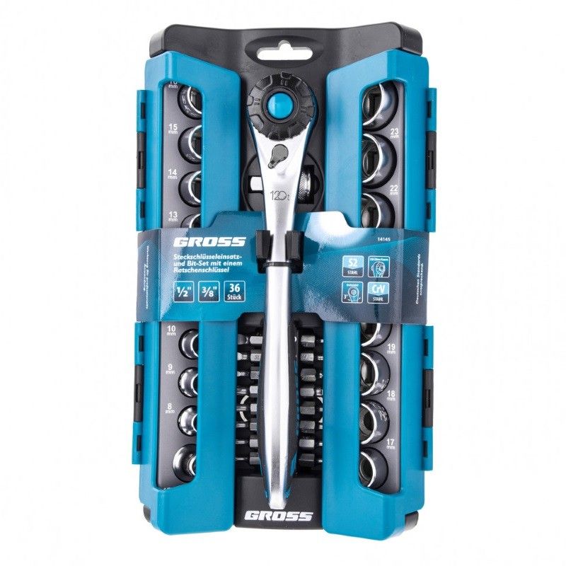 Набор торцевых головок Gross 14145, трещотка 120 зубьев, 1/2", 3/8”, CrV,  36 предметов в Иваново