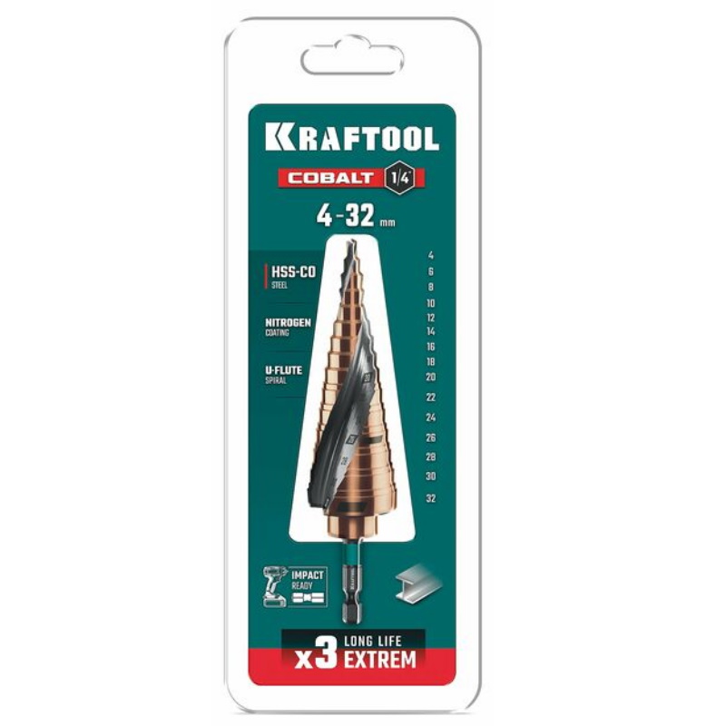 Сверло ступенчатое Kraftool COBALT 29691-4-32-15, 4-32 мм, 15 ступеней, азотирование, винтовая спираль в Угличе