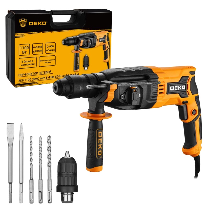 Перфоратор сетевой Deko ZKH1100 083-1008 в кейсе с набором из 5 буров SDS и дополнительным патроном 5602₽