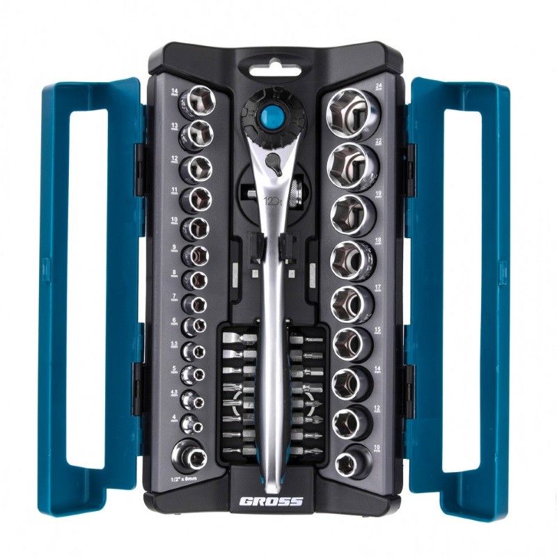 Набор торцевых головок Gross 14143, трещотка 120 зубьев, 1/2", 1/4", CrV, 41 предмет