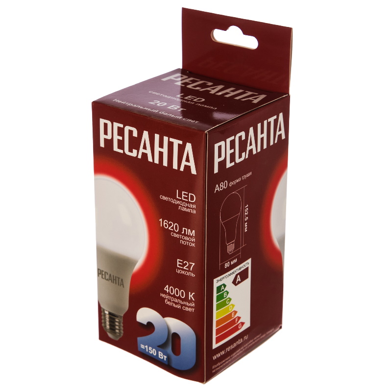 Светодиодная лампа Ресанта LL-R-A80-20W-230-4K-E27 (цветовая температура 4000k) в Туле