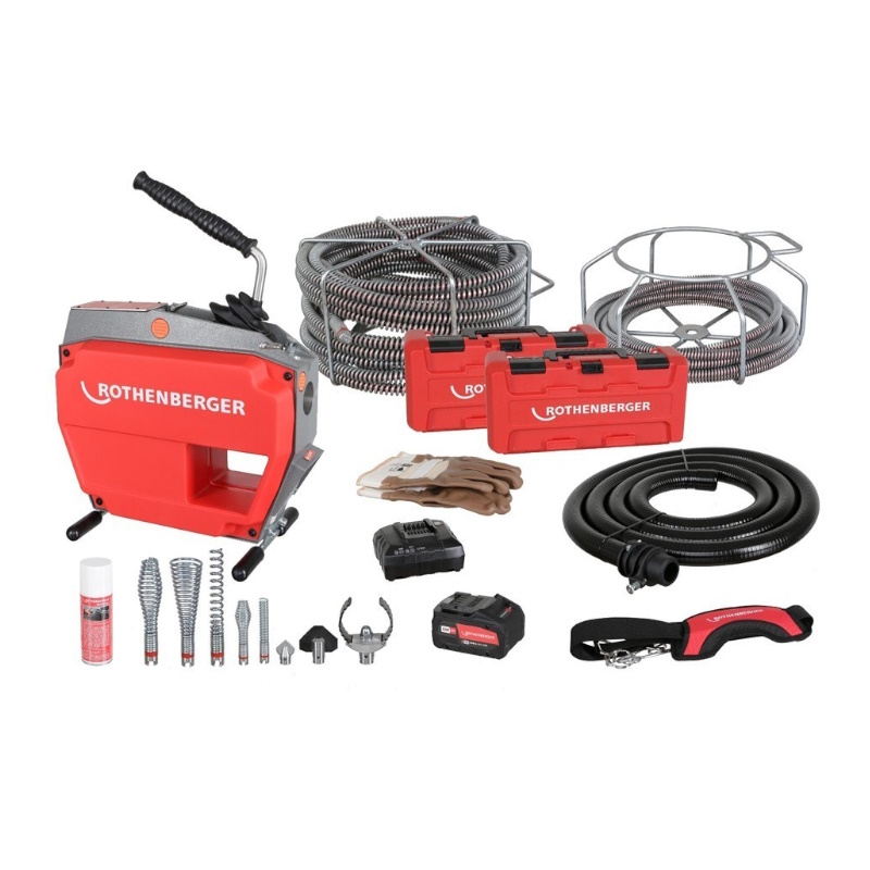 Аккумуляторная машина для прочистки труб Rothenberger R600 VarioClean 1000003346, 18В/8Ач, с набором спиралей SMK и инстр. DuraFlex 16 + 22 мм в Иваново