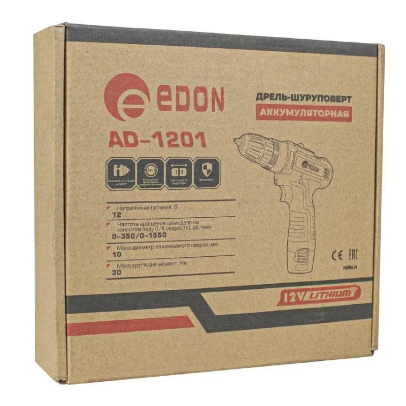 Аккумуляторная дрель-шуруповерт Edon AD-1201 15417, 12В, 0-350/0-1550 об/мин, 30Нм,подсветка, 1 АКБ в Туле