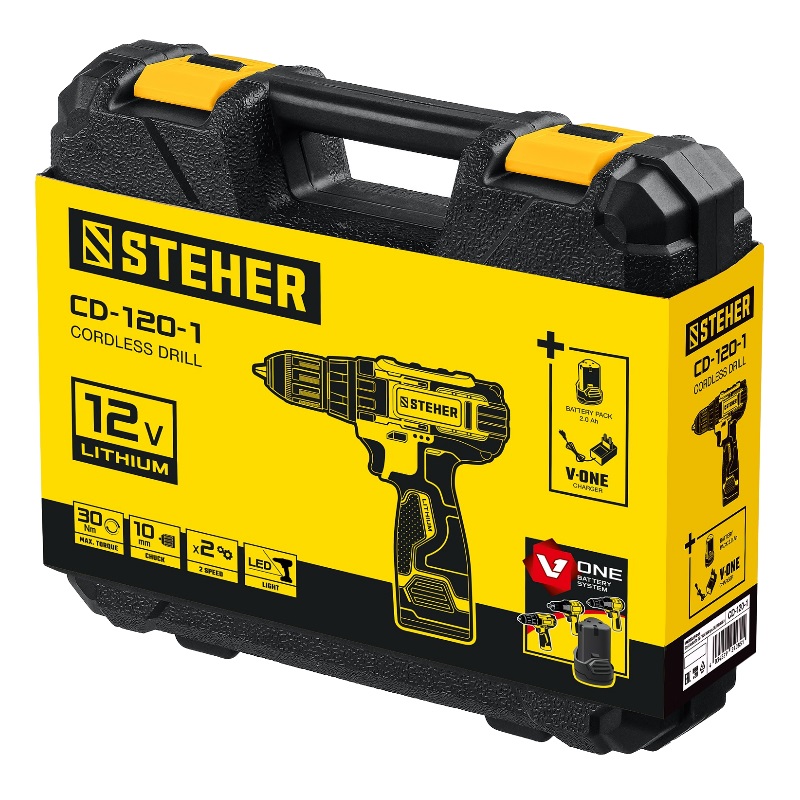 Дрель-шуруповерт Steher CD-120-2 12 В, 30 Нм, 2 АКБ (2 Ач), кейс