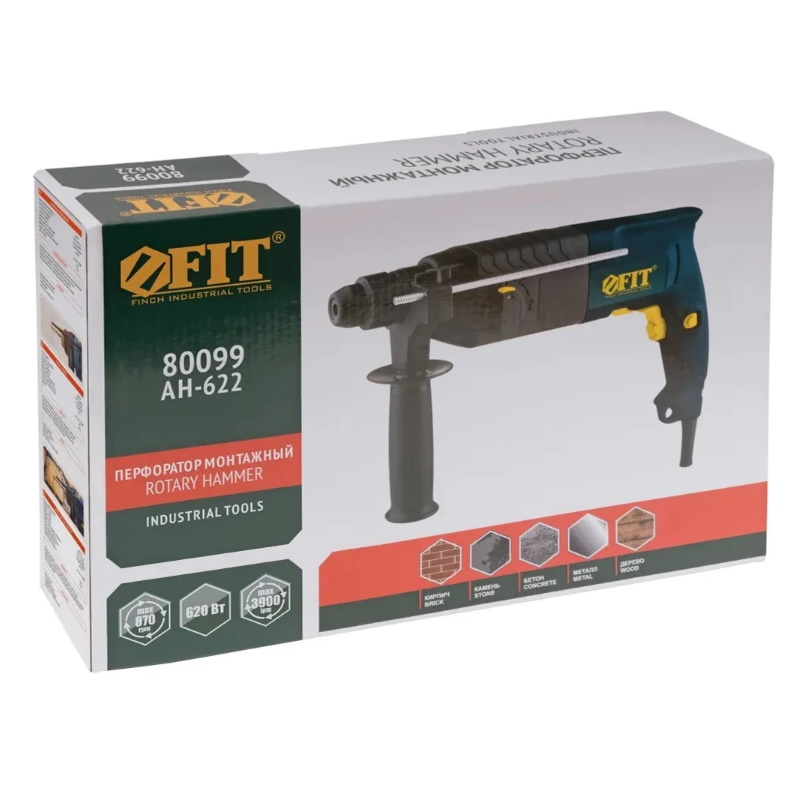 Перфоратор монтажный Fit 80099, 620 Вт, 0-870 об/мин, 0-3900 уд/мин, 2,6 Дж, 3 реж., SDS-PLUS, реверс, 3 кг 