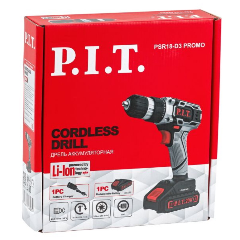 Дрель аккумуляторная P.I.T. PSR18-D3, 20В, 30Нм, 2ск, 0-350/1350, БЗП 10мм, 1 акб 1,5Ач, ЗУ, коробка в Угличе