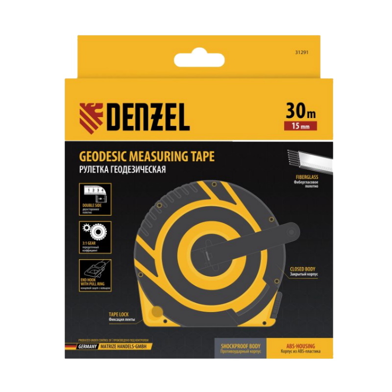 Рулетка геодезическая Denzel 31291, 30 м х 15 мм, закрытый корпус, фиберглассовая лента в Иваново