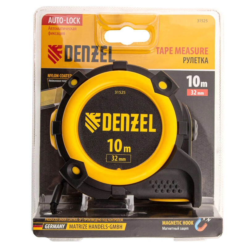 Рулетка Denzel 31525, 10м х 32мм, автоматическая фиксация, нейлоновое покрытие, магнитный зацеп, двухсторонняя разметка  в Рыбинске