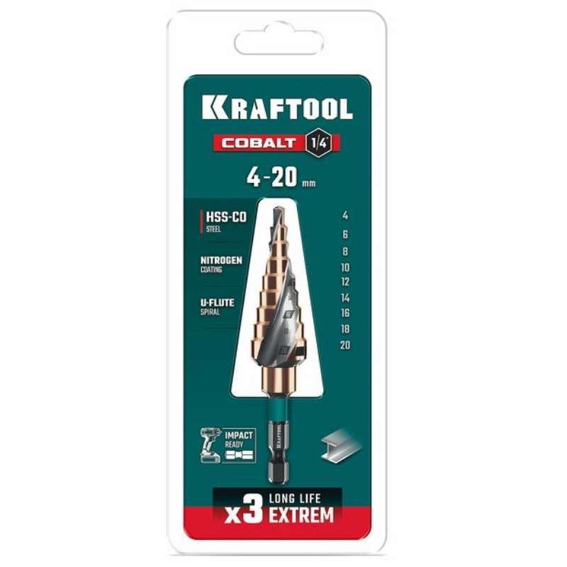 Сверло ступенчатое Kraftool COBALT 29691-4-20-9, 4-20 мм, 9 ступеней, азотирование, винтовая спираль в Коврове