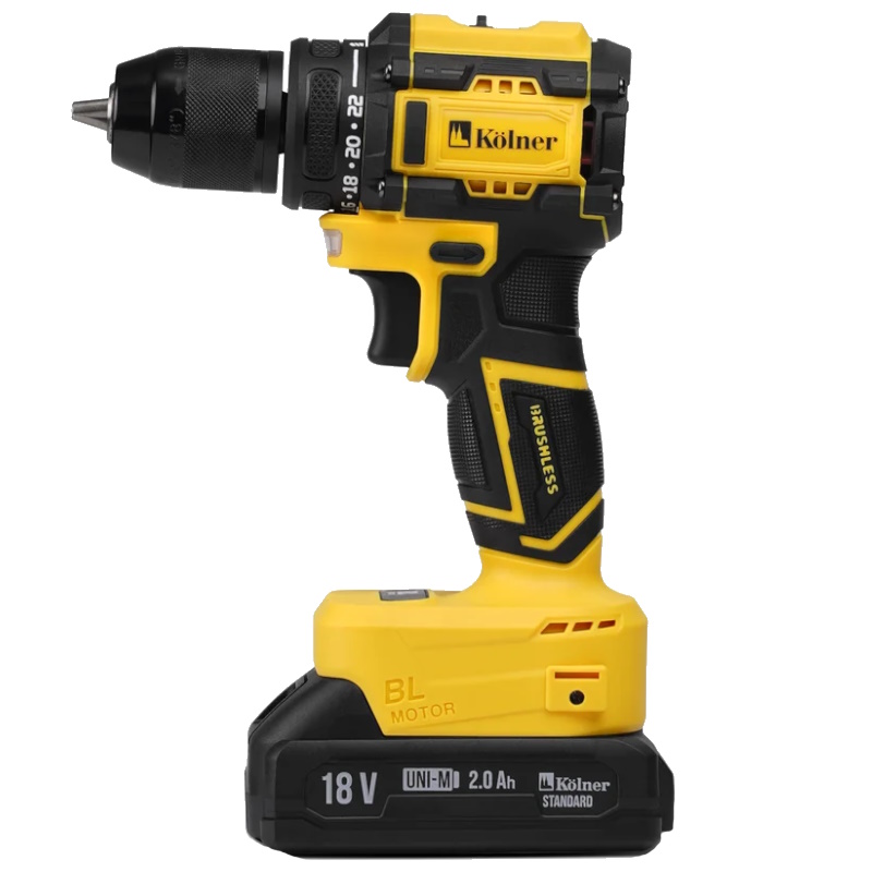 Дрель-шуруповерт аккумуляторная Kolner KDD 18BL-1K 8020100601 (18V UNI-M, BL, 38/18 Нм, 0-350/1350 об/мин, АКБ 1x2.0 Ач, ЗУ, кейс) в Кинешме
