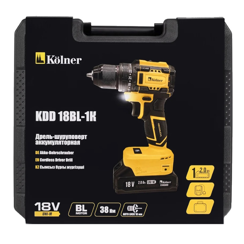 Дрель-шуруповерт аккумуляторная Kolner KDD 18BL-1K 8020100601 (18V UNI-M, BL, 38/18 Нм, 0-350/1350 об/мин, АКБ 1x2.0 Ач, ЗУ, кейс) в Кинешме