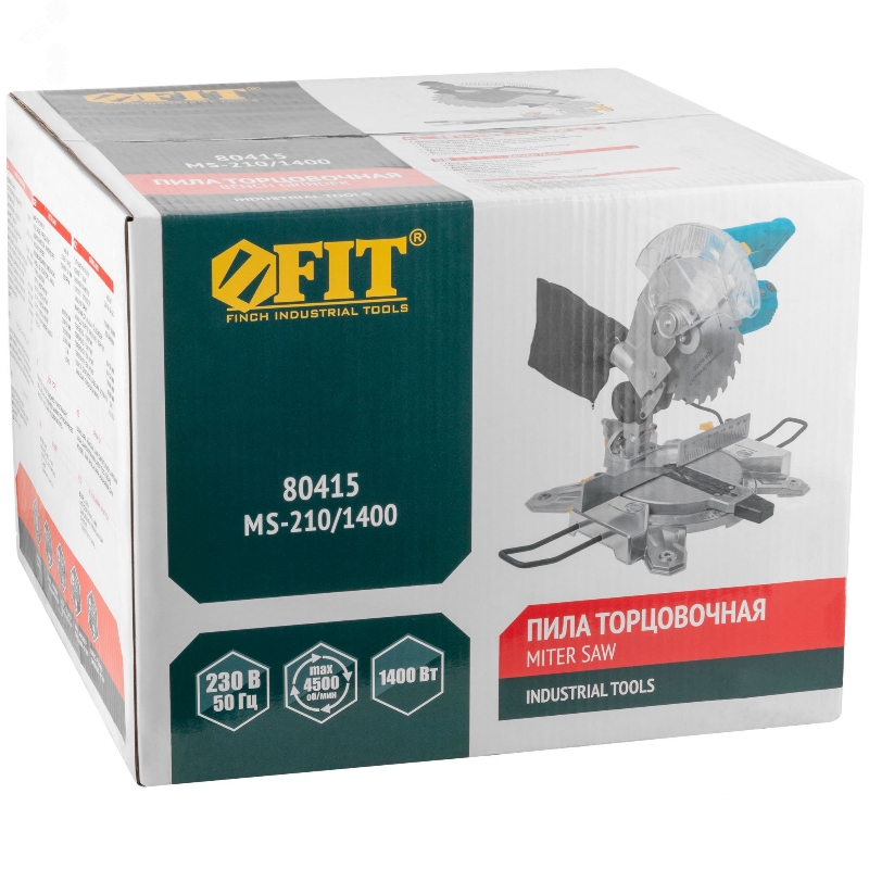 Пила торцовочная Fit 80415, 1400 Вт; 4500 об/мин; 210/30 мм; 6,5 кг; рез. накл.; б/с щеток; блок шпинделя в Череповце