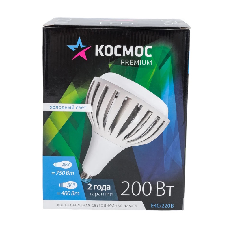 Лампа светодиодная Космос KHWLED200WE4045, LED, 200Вт, 220В, E40, D170х248, 4500К, белый, 19000 Лм