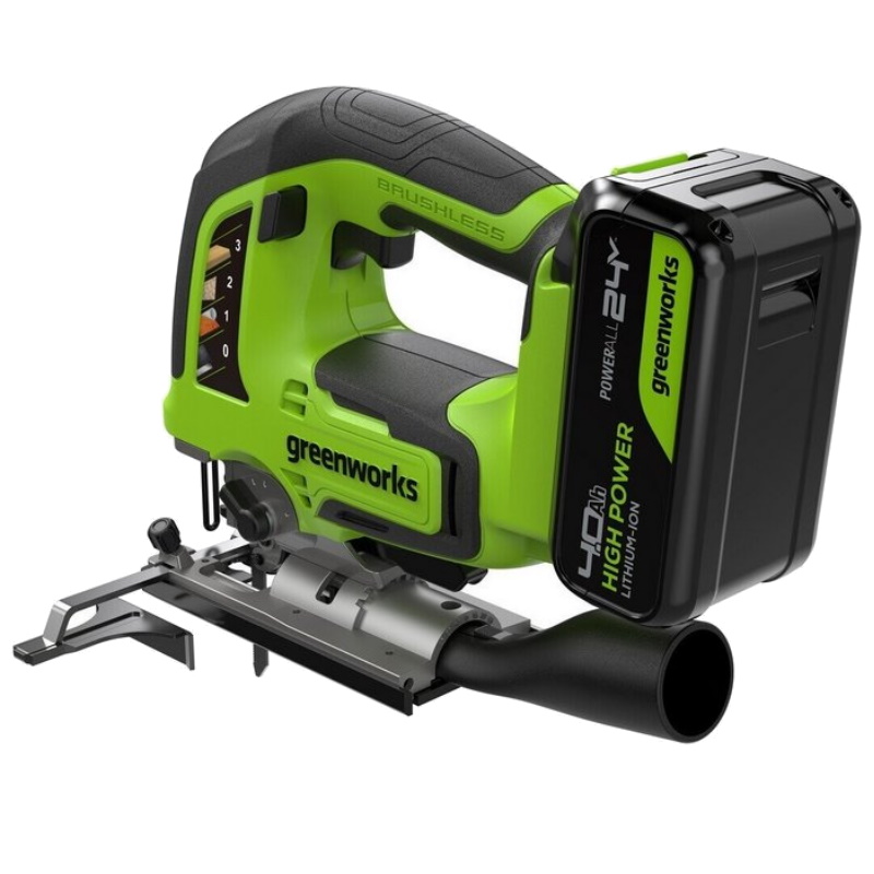 Лобзик Greenworks GD24JS120 3601407CUB, 24V, б/щет, 120 мм, 0-3500 об/мин, алюминиевая подошва, LED, 1х4Ач, ЗУ, коробка во Владимире