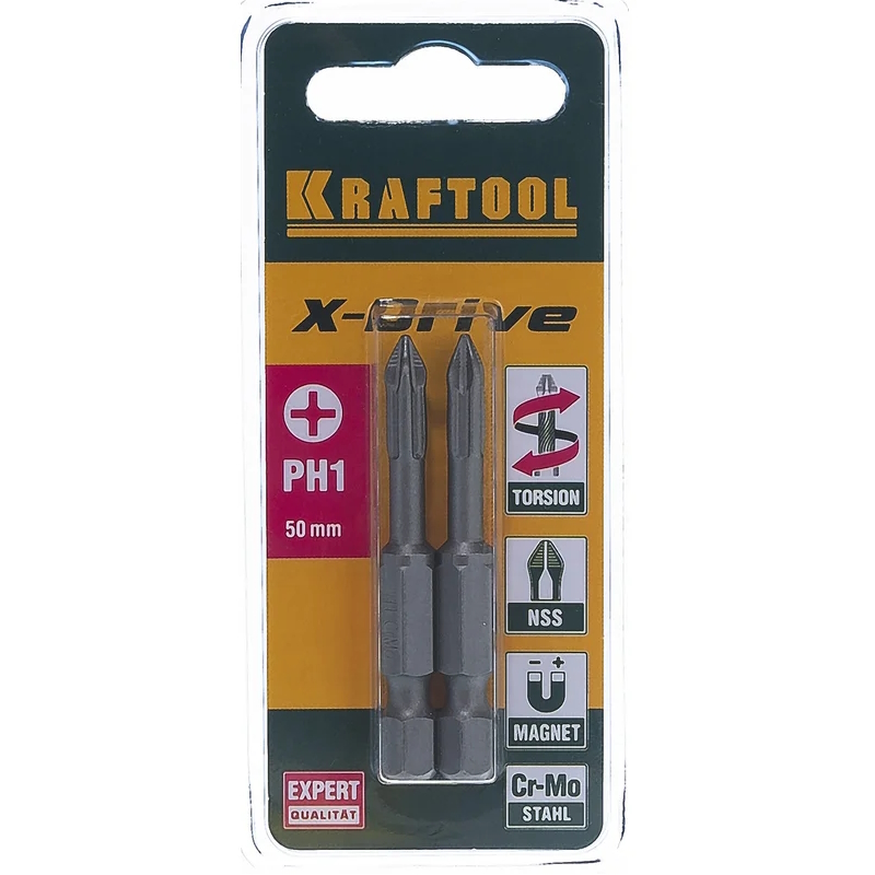 Биты Kraftool "ЕХPERT" 26121-1-50-2, торсионные кованые, обточенные,  Cr-Mo сталь, тип хвостовика E 1/4", PH1, 50мм, 2шт в Иваново