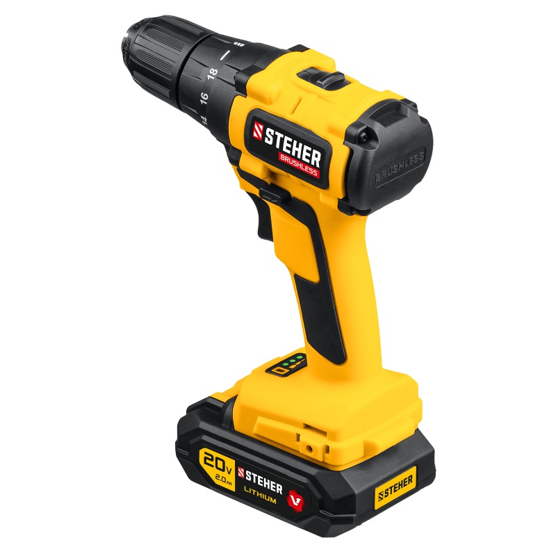 Дрель-шуруповерт бесщеточная Steher CDB-200-1 V1, 20 В, 45 Нм, 1 АКБ (2 Ач), кейс